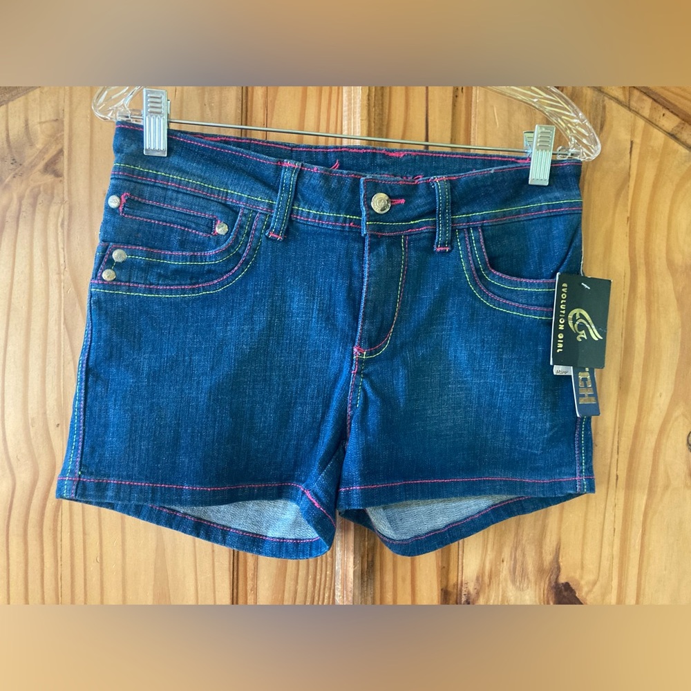 Evolution Girl Stretch blue pink green Jean shorts size 7/8 - NWT